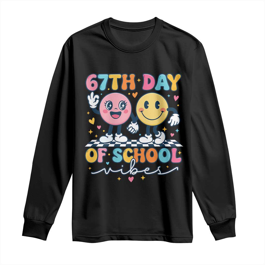 67th Day of School Vibes Long Sleeve Shirt Cute Retro Smiling Face for Students & Teachers TS02 Black Print Your Wear