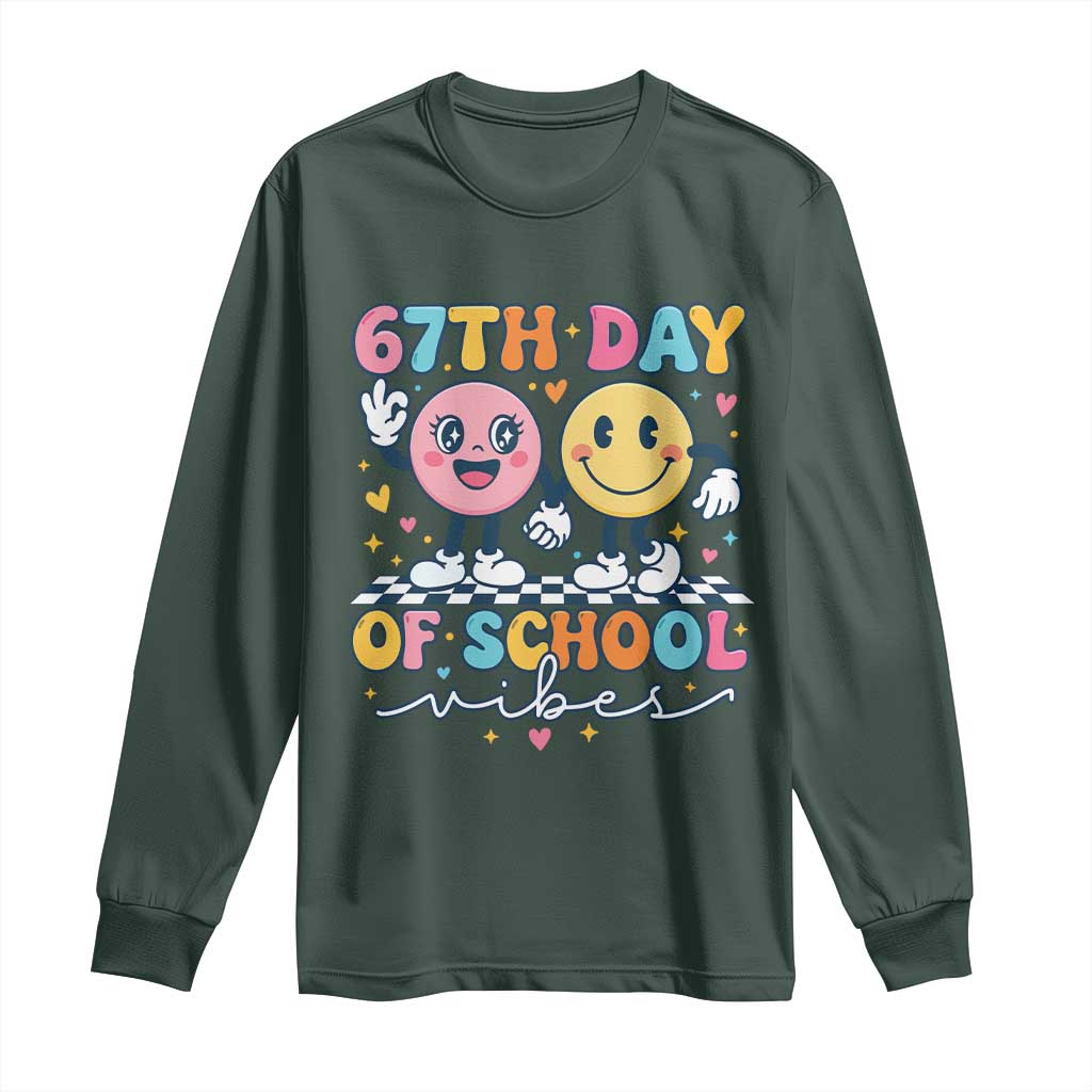 67th Day of School Vibes Long Sleeve Shirt Cute Retro Smiling Face for Students & Teachers TS02 Dark Forest Green Print Your Wear