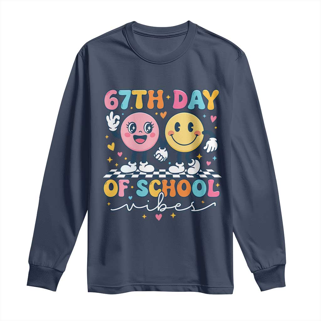 67th Day of School Vibes Long Sleeve Shirt Cute Retro Smiling Face for Students & Teachers TS02 Navy Print Your Wear