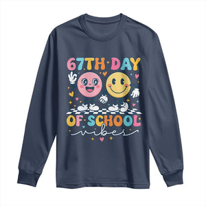 67th Day of School Vibes Long Sleeve Shirt Cute Retro Smiling Face for Students & Teachers TS02 Navy Print Your Wear