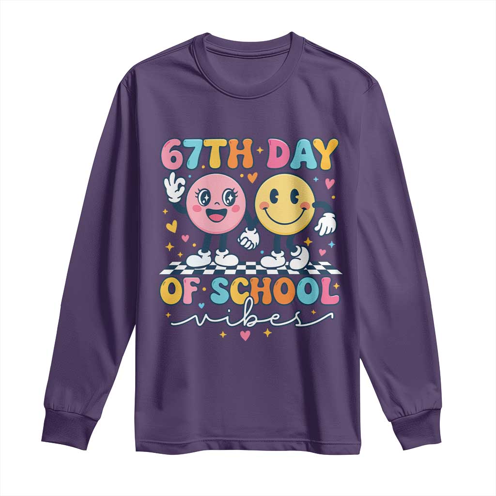 67th Day of School Vibes Long Sleeve Shirt Cute Retro Smiling Face for Students & Teachers TS02 Purple Print Your Wear
