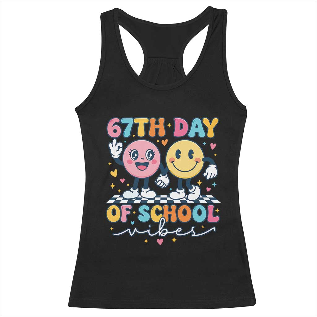 67th Day of School Vibes Racerback Tank Top Cute Retro Smiling Face for Students & Teachers TS02 Black Print Your Wear