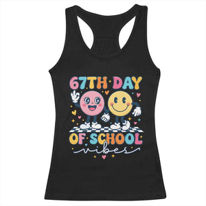 67th Day of School Vibes Racerback Tank Top Cute Retro Smiling Face for Students & Teachers TS02 Black Print Your Wear