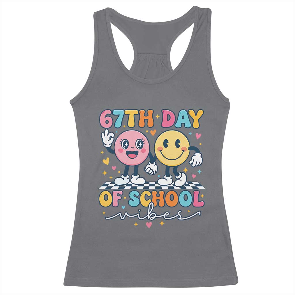 67th Day of School Vibes Racerback Tank Top Cute Retro Smiling Face for Students & Teachers TS02 Charcoal Print Your Wear