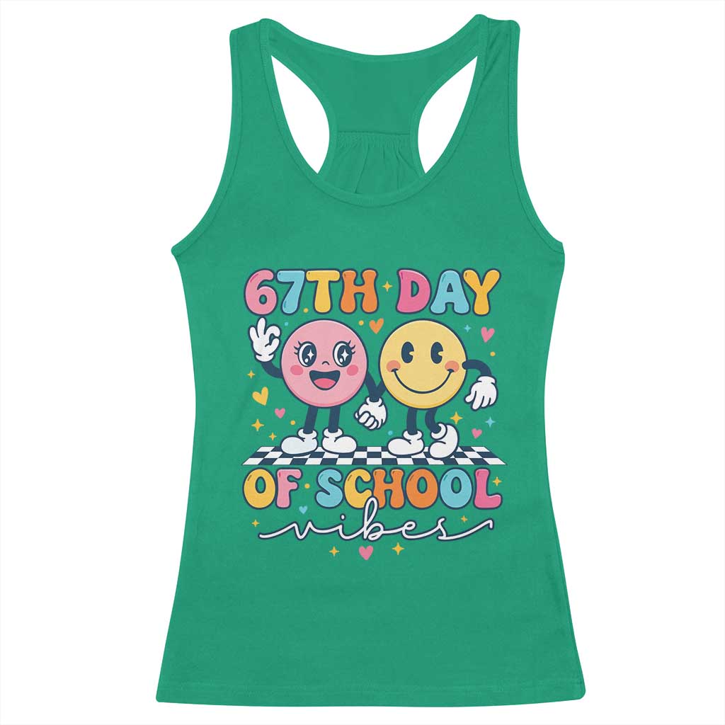 67th Day of School Vibes Racerback Tank Top Cute Retro Smiling Face for Students & Teachers TS02 Irish Green Print Your Wear