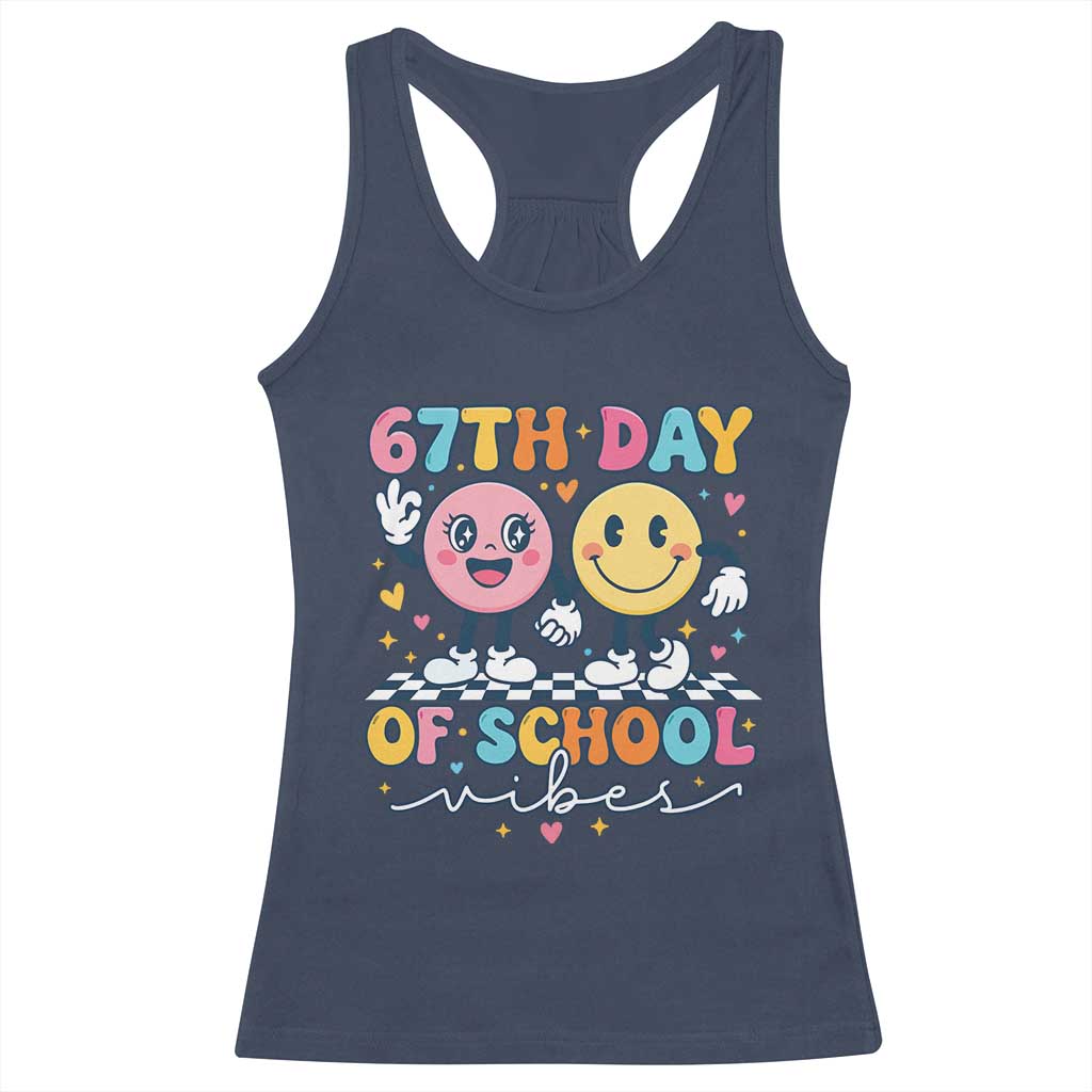 67th Day of School Vibes Racerback Tank Top Cute Retro Smiling Face for Students & Teachers TS02 Navy Print Your Wear