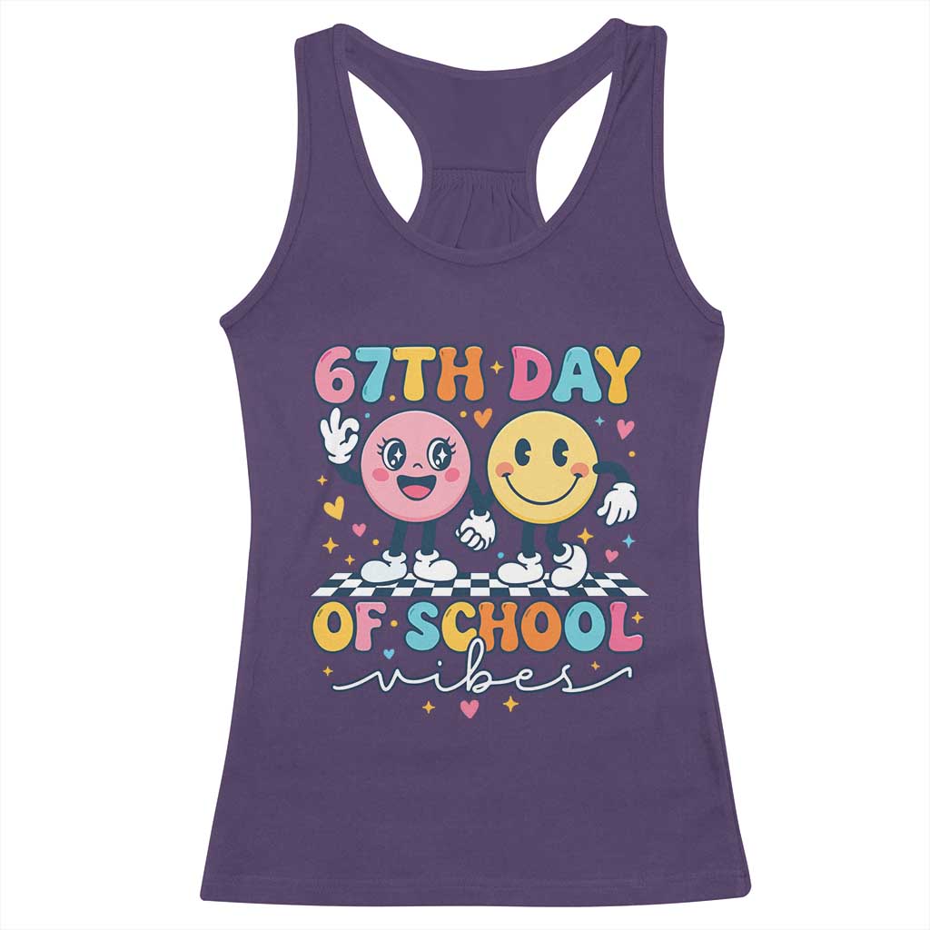 67th Day of School Vibes Racerback Tank Top Cute Retro Smiling Face for Students & Teachers TS02 Purple Print Your Wear