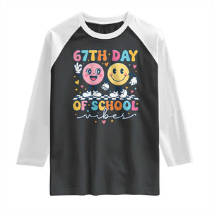 67th Day of School Vibes Raglan Shirt Cute Retro Smiling Face for Students & Teachers TS02 Black White Print Your Wear