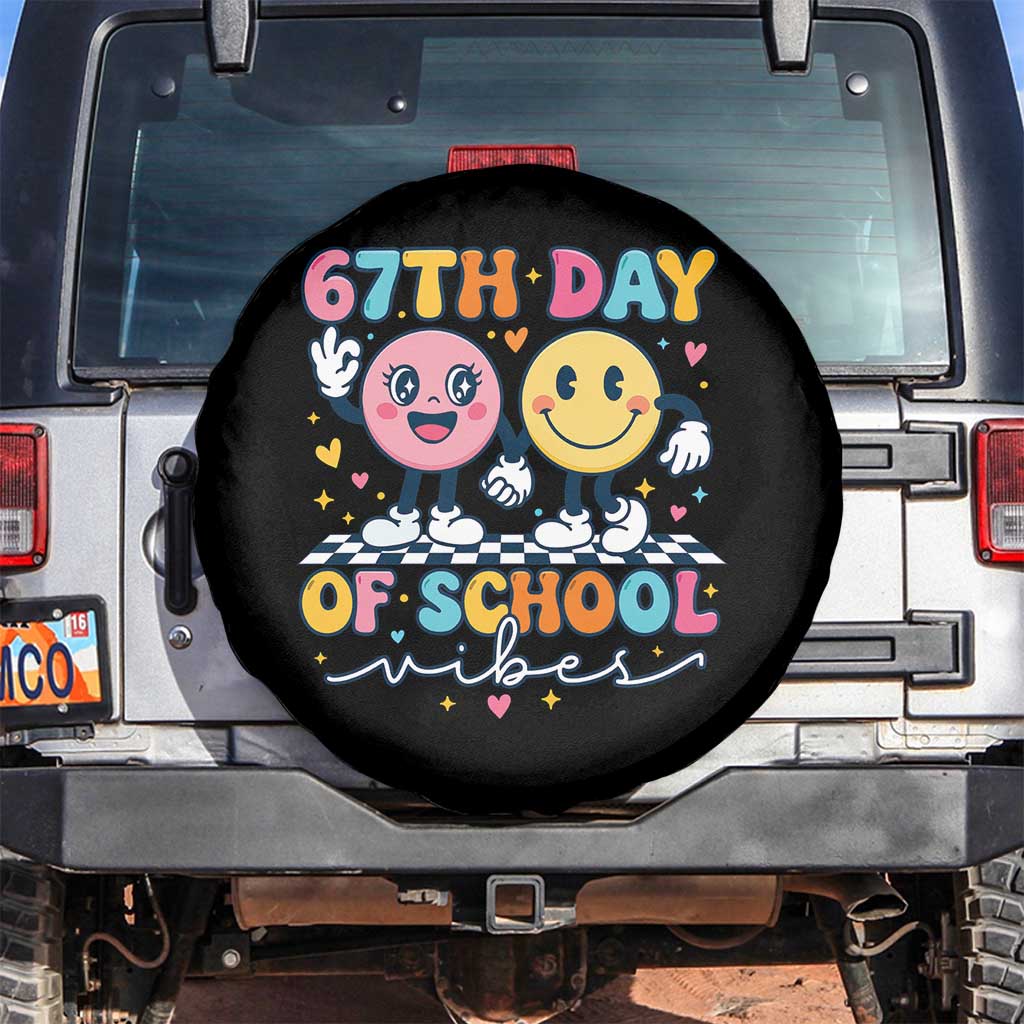 67th Day of School Vibes Spare Tire Cover Cute Retro Smiling Face for Students & Teachers TS02 No hole Black Print Your Wear