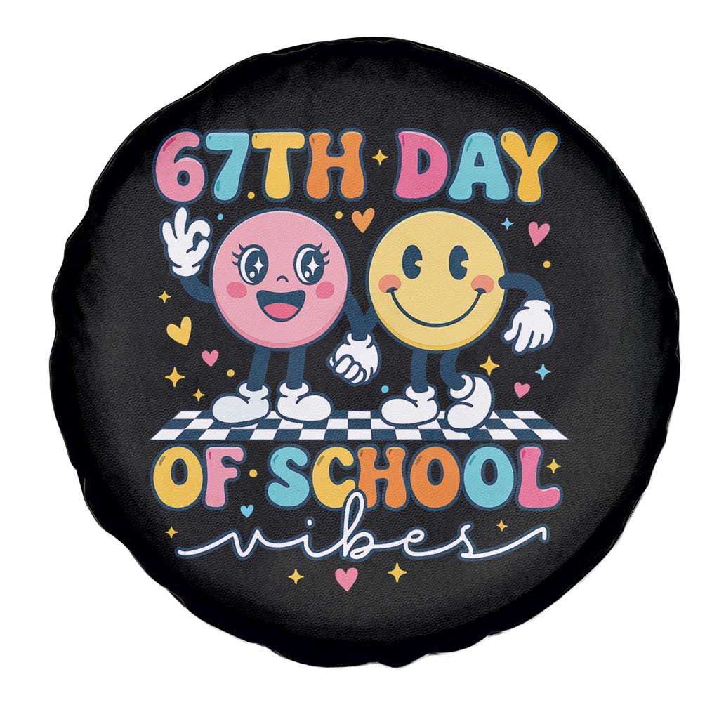 67th Day of School Vibes Spare Tire Cover Cute Retro Smiling Face for Students & Teachers TS02 Print Your Wear
