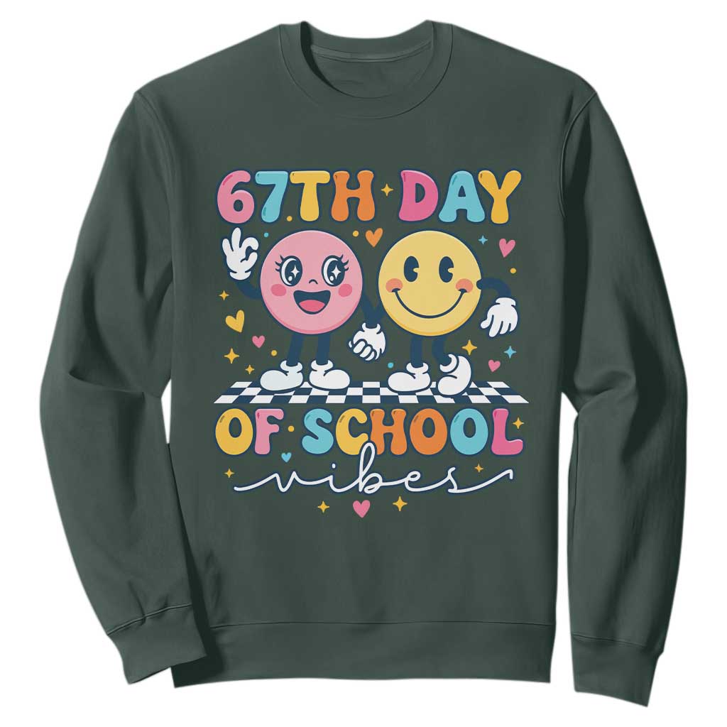 67th Day of School Vibes Sweatshirt Cute Retro Smiling Face for Students & Teachers TS02 Dark Forest Green Print Your Wear