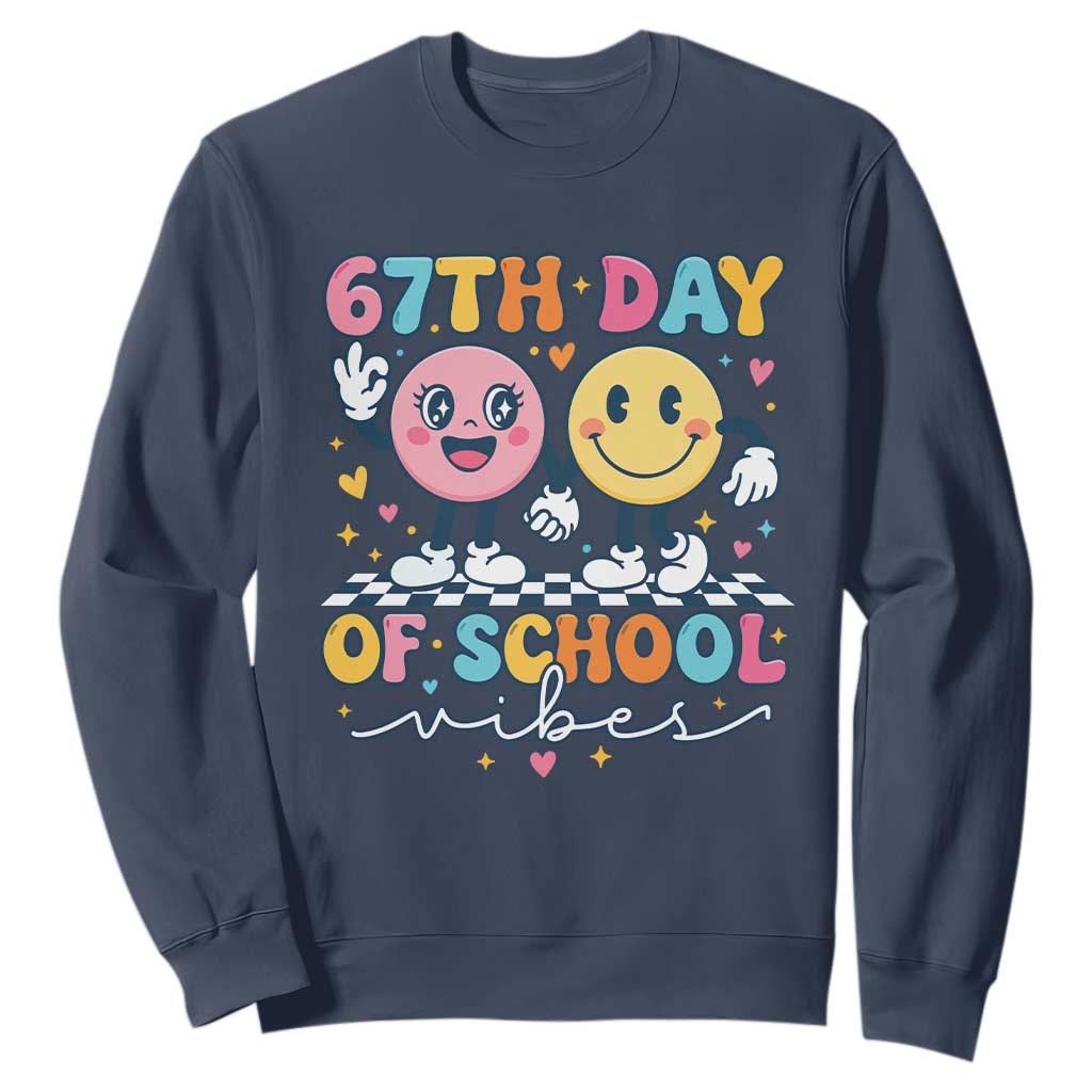 67th Day of School Vibes Sweatshirt Cute Retro Smiling Face for Students & Teachers TS02 Navy Print Your Wear