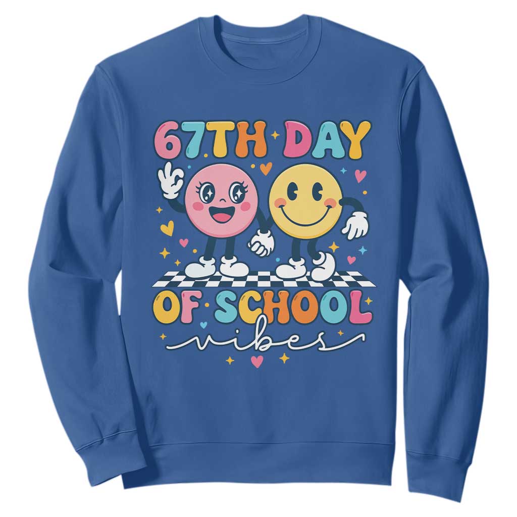 67th Day of School Vibes Sweatshirt Cute Retro Smiling Face for Students & Teachers TS02 Royal Blue Print Your Wear
