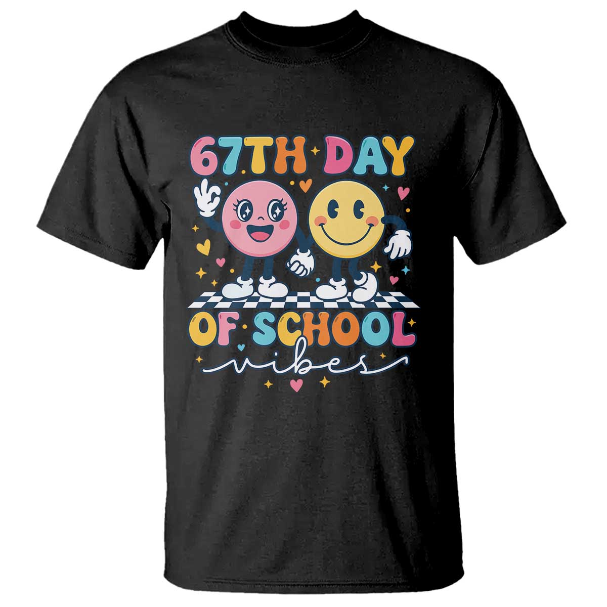 67th Day of School Vibes T Shirt Cute Retro Smiling Face for Students & Teachers TS02 Black Print Your Wear