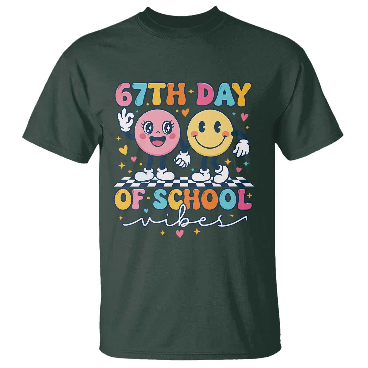 67th Day of School Vibes T Shirt Cute Retro Smiling Face for Students & Teachers TS02 Dark Forest Green Print Your Wear