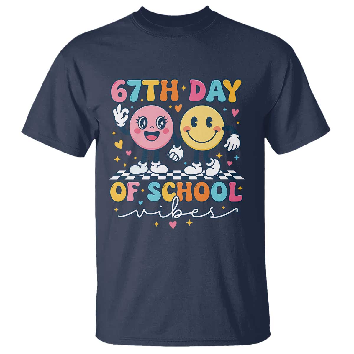 67th Day of School Vibes T Shirt Cute Retro Smiling Face for Students & Teachers TS02 Navy Print Your Wear