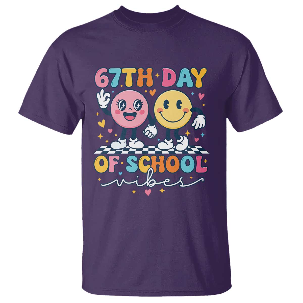 67th Day of School Vibes T Shirt Cute Retro Smiling Face for Students & Teachers TS02 Purple Print Your Wear