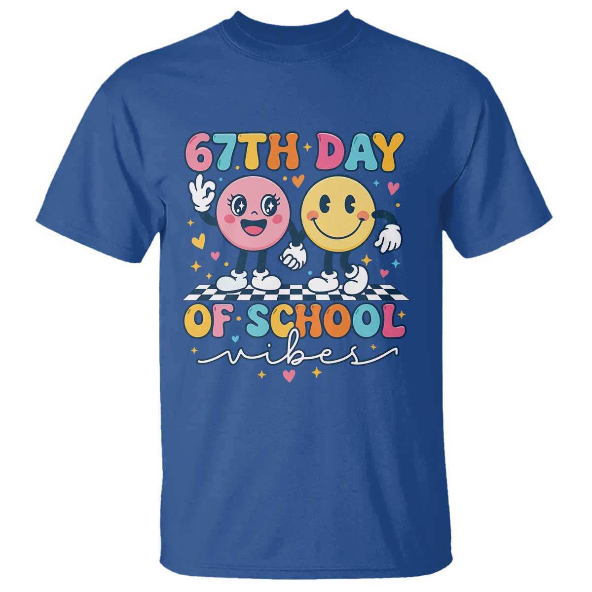 67th Day of School Vibes T Shirt Cute Retro Smiling Face for Students & Teachers TS02 Royal Blue Print Your Wear