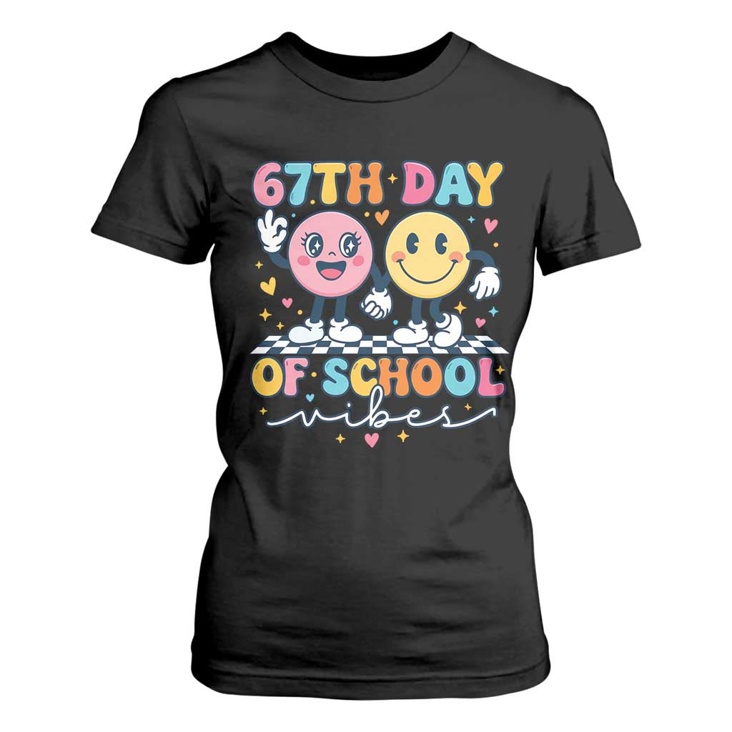 67th Day of School Vibes T Shirt For Women Cute Retro Smiling Face for Students & Teachers TS02 Black Print Your Wear