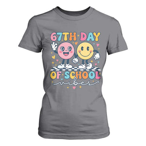 67th Day of School Vibes T Shirt For Women Cute Retro Smiling Face for Students & Teachers TS02 Charcoal Print Your Wear