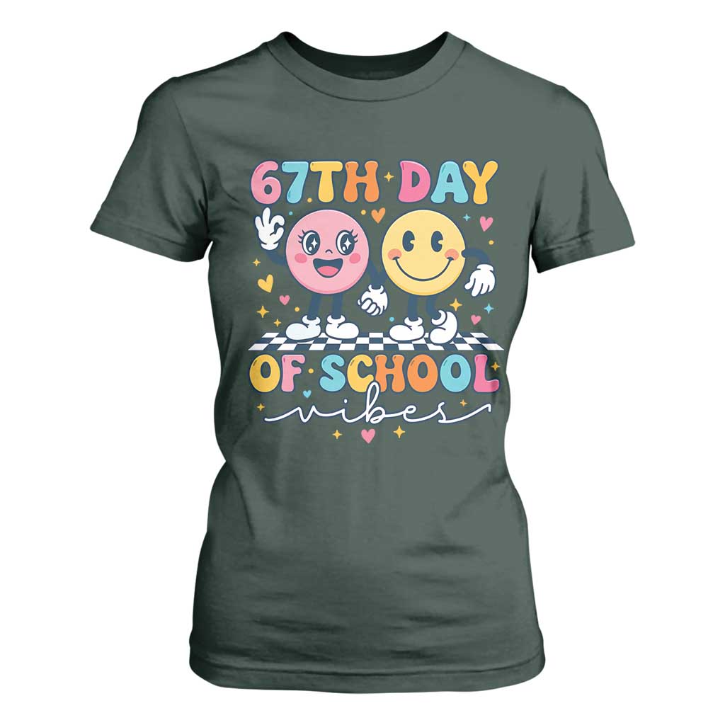 67th Day of School Vibes T Shirt For Women Cute Retro Smiling Face for Students & Teachers TS02 Dark Forest Green Print Your Wear
