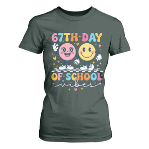 67th Day of School Vibes T Shirt For Women Cute Retro Smiling Face for Students & Teachers TS02 Dark Forest Green Print Your Wear