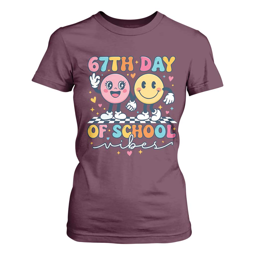 67th Day of School Vibes T Shirt For Women Cute Retro Smiling Face for Students & Teachers TS02 Maroon Print Your Wear