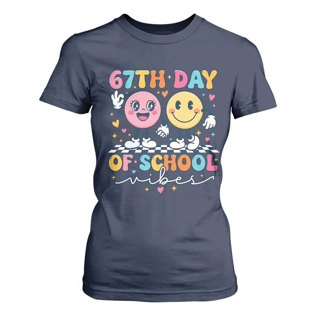 67th Day of School Vibes T Shirt For Women Cute Retro Smiling Face for Students & Teachers TS02 Navy Print Your Wear
