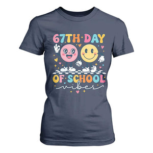 67th Day of School Vibes T Shirt For Women Cute Retro Smiling Face for Students & Teachers TS02 Navy Print Your Wear