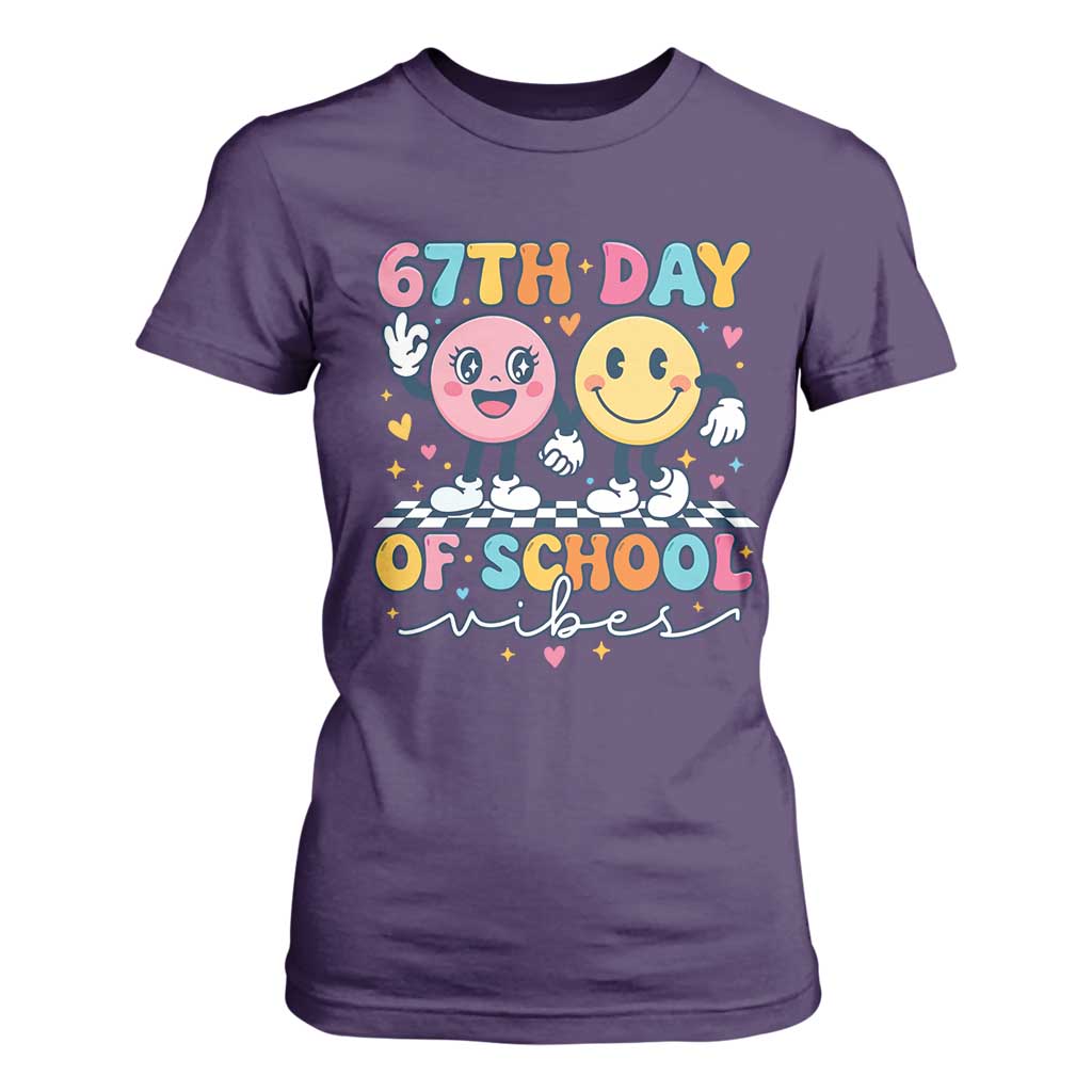 67th Day of School Vibes T Shirt For Women Cute Retro Smiling Face for Students & Teachers TS02 Purple Print Your Wear