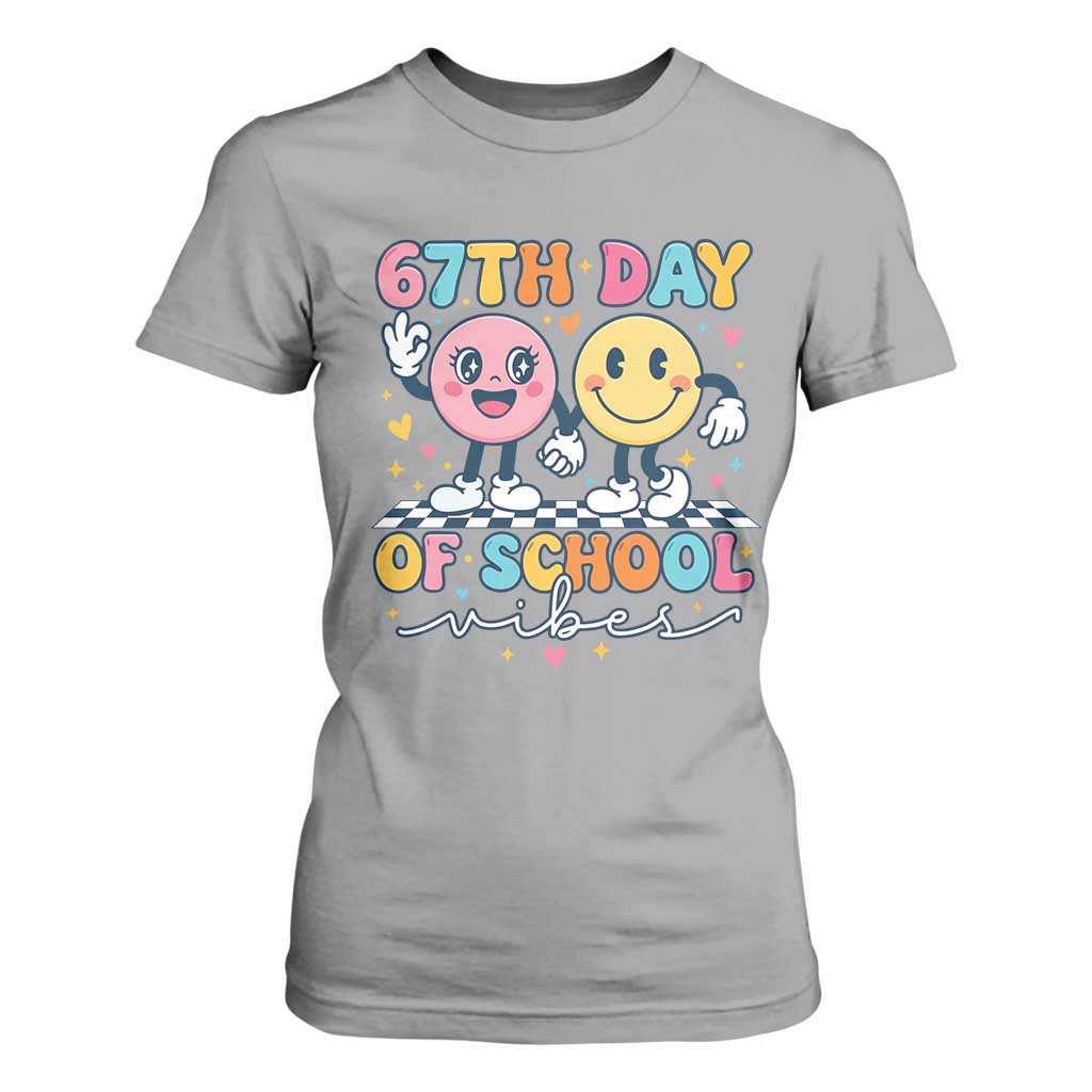 67th Day of School Vibes T Shirt For Women Cute Retro Smiling Face for Students & Teachers TS02 Sport Gray Print Your Wear