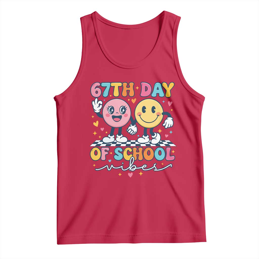 67th Day of School Vibes Tank Top Cute Retro Smiling Face for Students & Teachers TS02 Red Print Your Wear