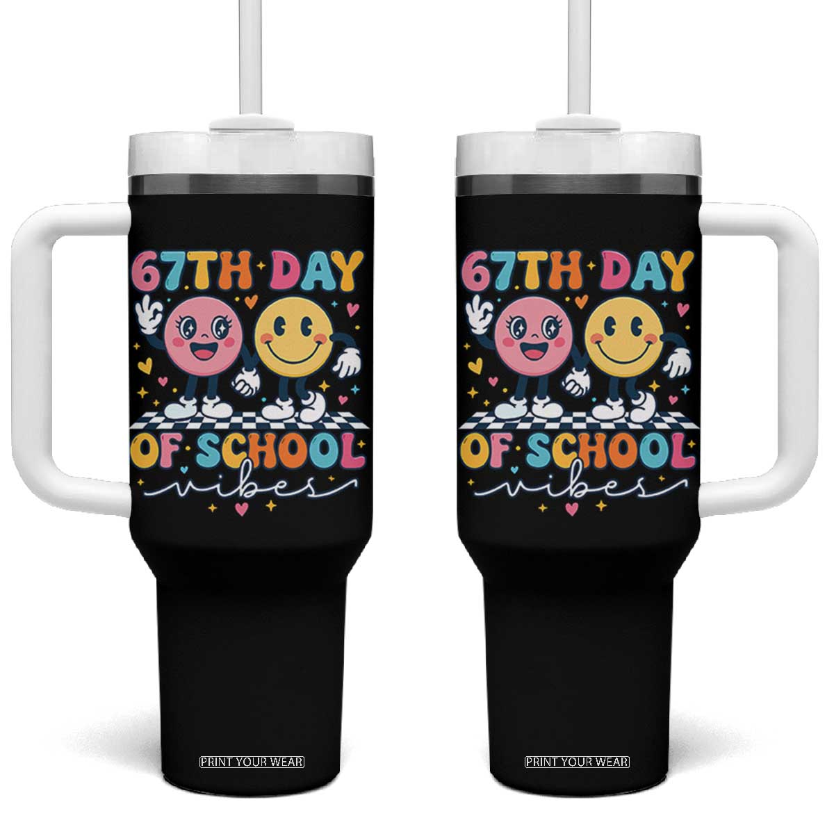 67th Day of School Vibes Tumbler With Handle Cute Retro Smiling Face for Students & Teachers TS02 One Size: 40 oz Black Print Your Wear