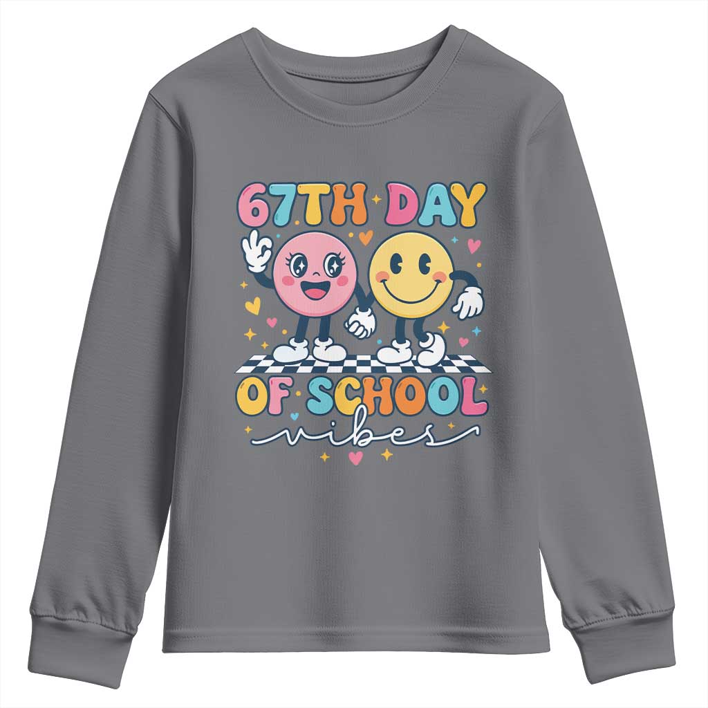 67th Day of School Vibes Youth Sweatshirt Cute Retro Smiling Face for Students & Teachers TS02 Charcoal Print Your Wear