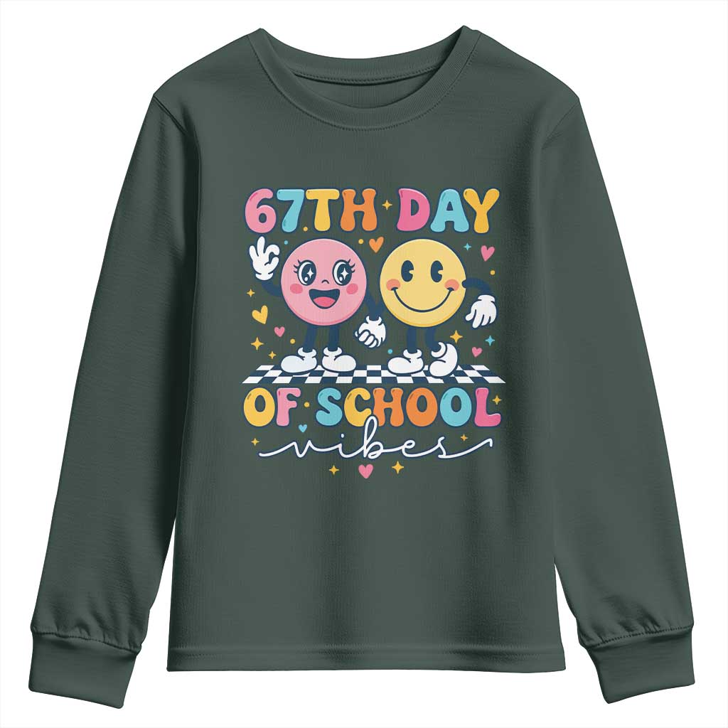 67th Day of School Vibes Youth Sweatshirt Cute Retro Smiling Face for Students & Teachers TS02 Dark Forest Green Print Your Wear