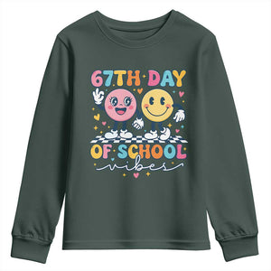 67th Day of School Vibes Youth Sweatshirt Cute Retro Smiling Face for Students & Teachers TS02 Dark Forest Green Print Your Wear