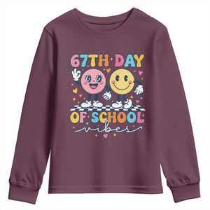 67th Day of School Vibes Youth Sweatshirt Cute Retro Smiling Face for Students & Teachers TS02 Maroon Print Your Wear