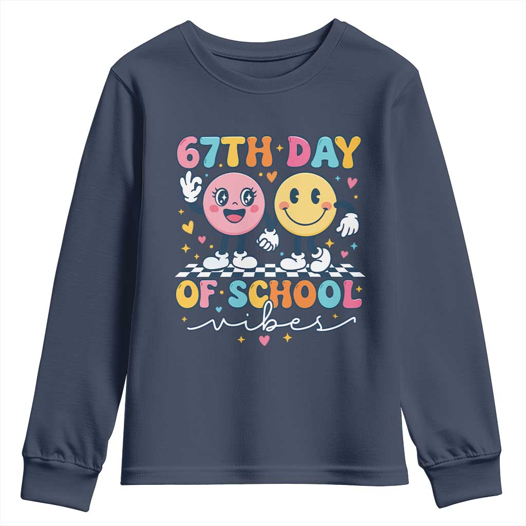 67th Day of School Vibes Youth Sweatshirt Cute Retro Smiling Face for Students & Teachers TS02 Navy Print Your Wear