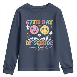 67th Day of School Vibes Youth Sweatshirt Cute Retro Smiling Face for Students & Teachers TS02 Navy Print Your Wear