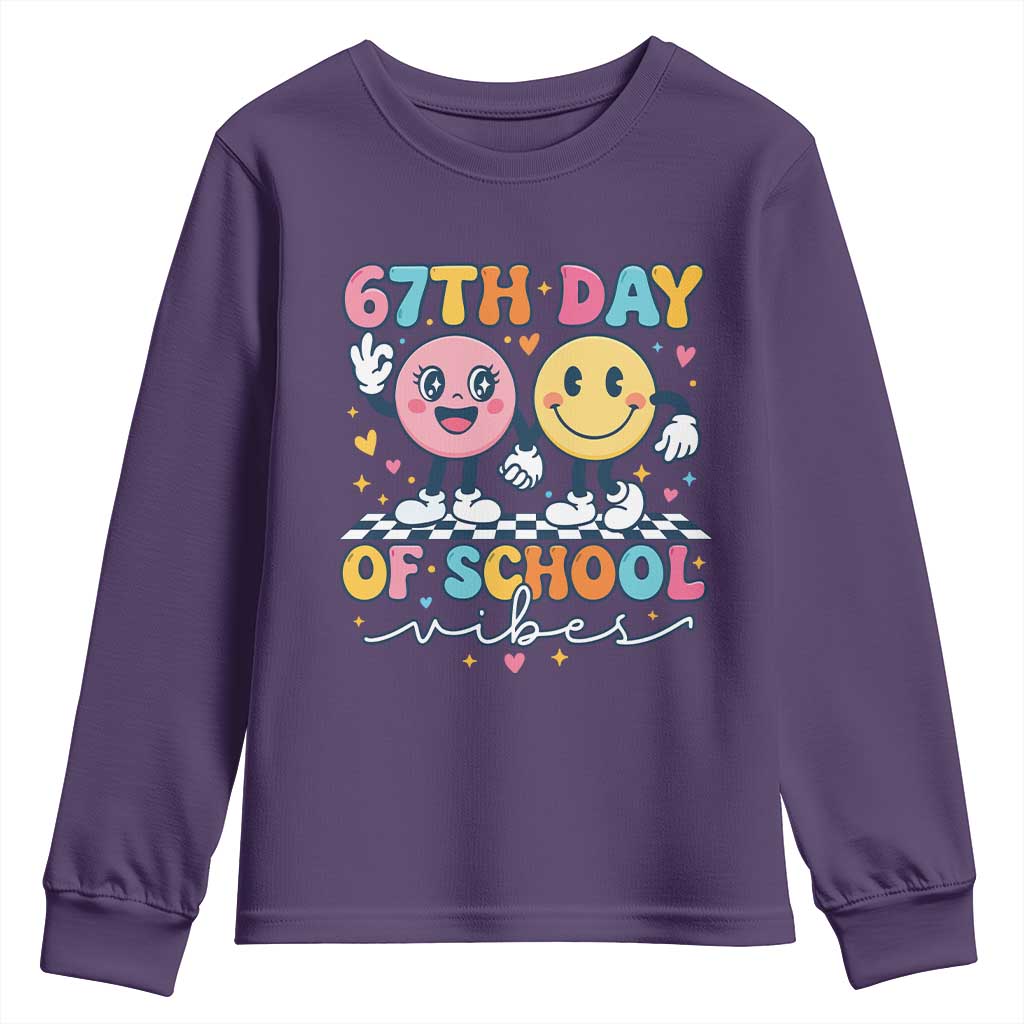 67th Day of School Vibes Youth Sweatshirt Cute Retro Smiling Face for Students & Teachers TS02 Purple Print Your Wear