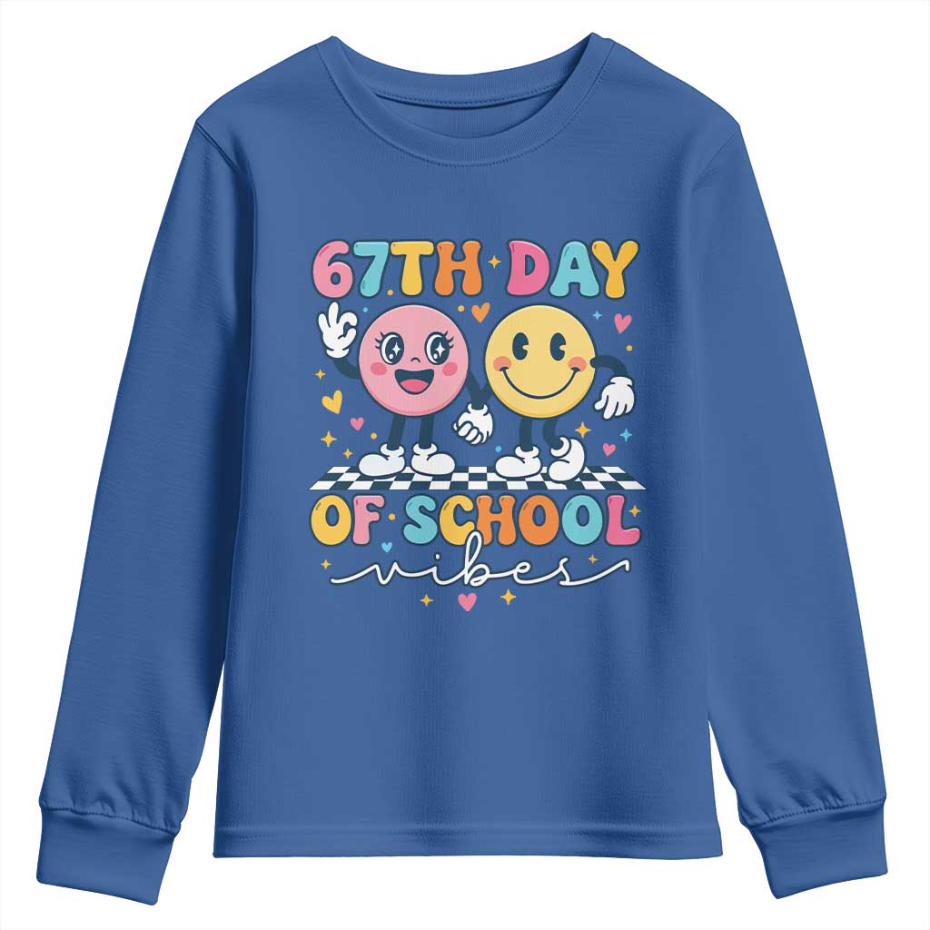 67th Day of School Vibes Youth Sweatshirt Cute Retro Smiling Face for Students & Teachers TS02 Royal Blue Print Your Wear