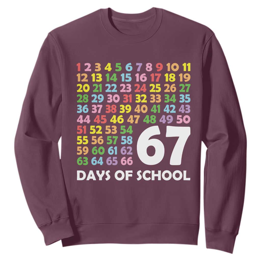 67 Days of School Sweatshirt Colorful Countdown Grid Milestone Classroom Fun TS02 Maroon Print Your Wear