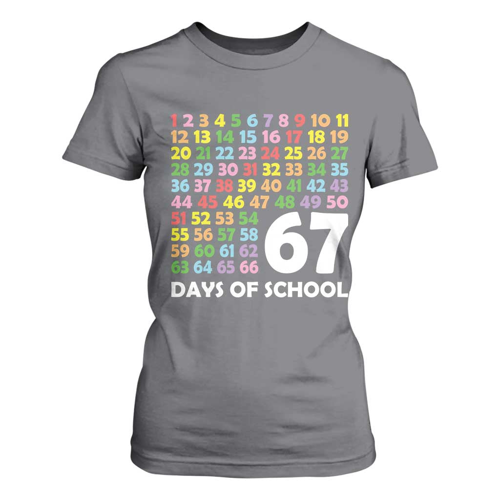 67 Days of School T Shirt For Women Colorful Countdown Grid Milestone Classroom Fun TS02 Charcoal Print Your Wear