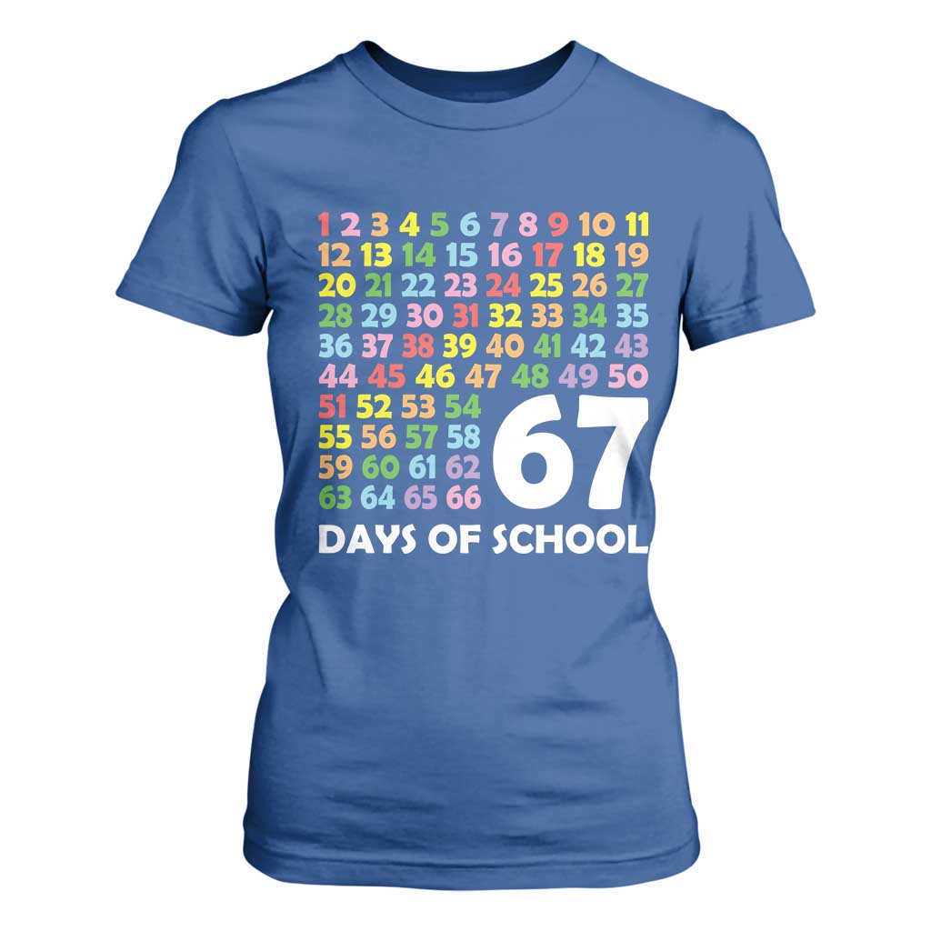 67 Days of School T Shirt For Women Colorful Countdown Grid Milestone Classroom Fun TS02 Royal Blue Print Your Wear