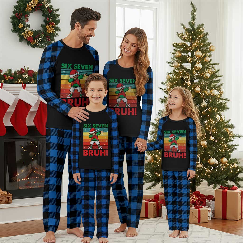 Six Seven Bruh Christmas Dabbing Plaid Pajama Set Funny 67 Meme Retro Santa Kid Vibes TS02 Blue Plaid Print Your Wear