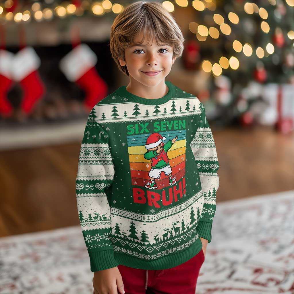 Six Seven Bruh Xmas Dabbing Ugly Christmas Sweater Funny 67 Meme Retro Santa Kid Vibes TS02 Forest Green Beige Print Your Wear
