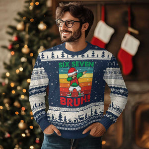 Six Seven Bruh Xmas Dabbing Ugly Christmas Sweater Funny 67 Meme Retro Santa Kid Vibes TS02 Navy Beige Print Your Wear