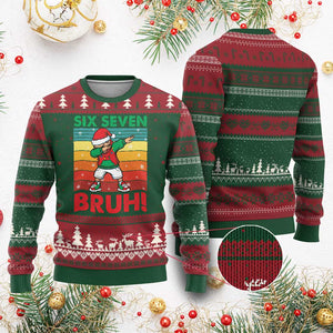 Six Seven Bruh Xmas Dabbing Ugly Christmas Sweater Funny 67 Meme Retro Santa Kid Vibes TS02 Red Green Print Your Wear