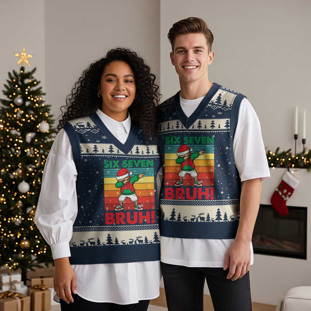 Six Seven Bruh Xmas Dabbing V-Neck Knit Sweater Vest Funny 67 Meme Retro Santa Kid Vibes TS02 Navy Beige Print Your Wear