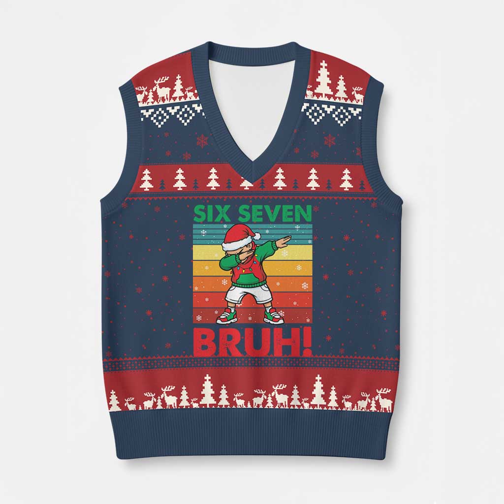Six Seven Bruh Xmas Dabbing V-Neck Knit Sweater Vest Funny 67 Meme Retro Santa Kid Vibes TS02 Navy Red Print Your Wear